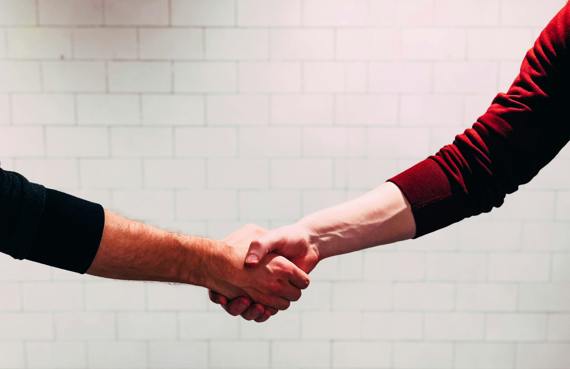Two people clasping hands in a handshake, evoking dialogue, mediation and peace-building.