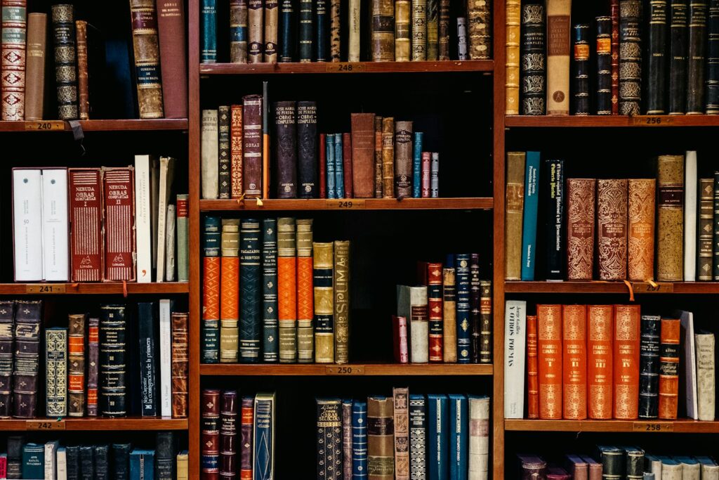 Rayonnages de livres assortis dans une bibliothèque / Assorted books on library shelves