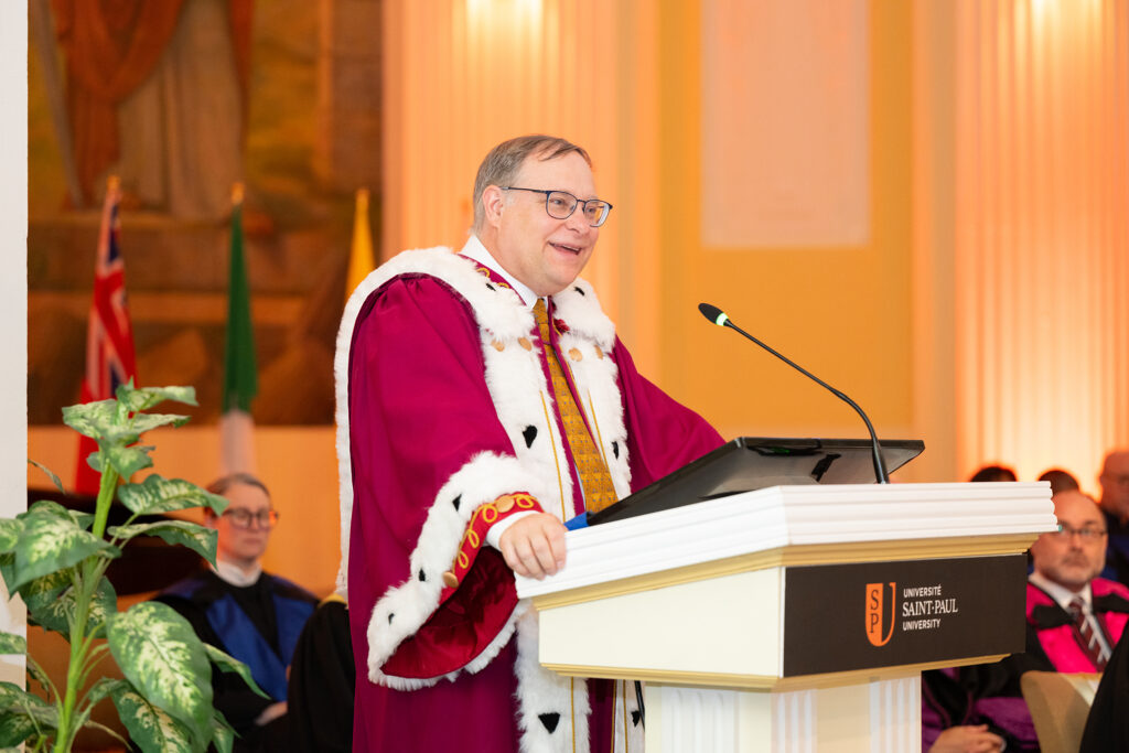 Rector Louis Patrick Leroux delivers his address at the Saint Paul University convocation.