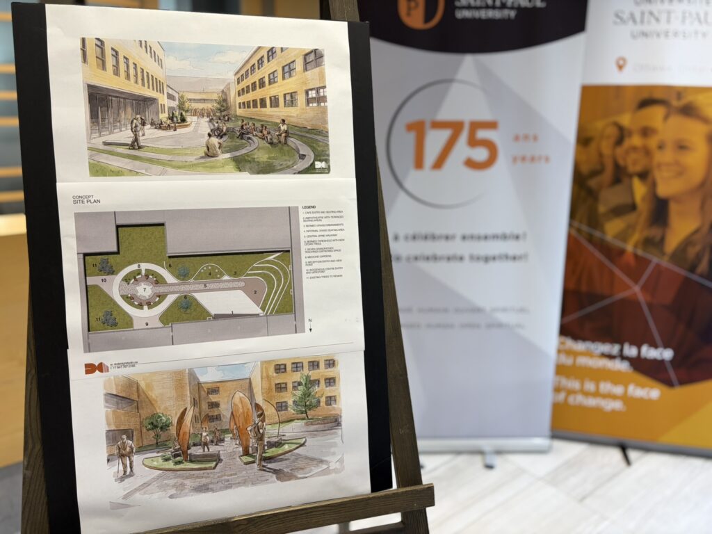 Design boards on an easel showing watercolour renderings and the concept site plan for the Chantal Beauvais Courtyard.
