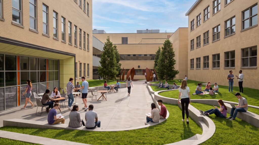Rendering of the renovated Chantal Beauvais Courtyard, with a tiered grass amphitheatre, café seating and a garden, and people gathering between the buildings.