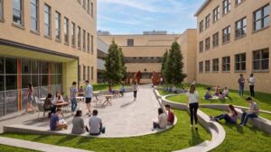 Rendering of the renovated Chantal Beauvais Courtyard, with a tiered grass amphitheatre, café seating and a garden, and people gathering between the buildings.