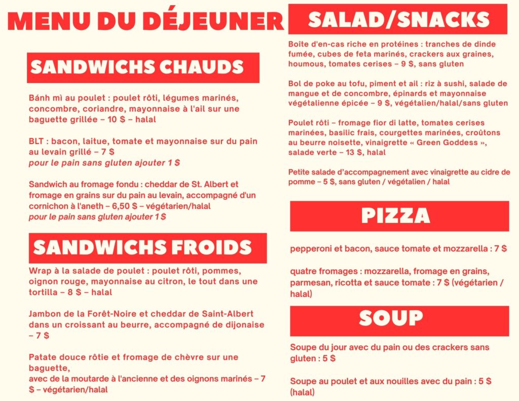 Menu du déjeuner du Café Urban : sandwichs chauds et froids, salades et en-cas, pizza et soupes, avec les prix