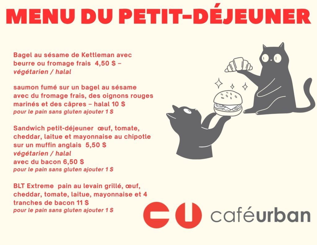 Menu du petit-déjeuner du Café Urban : bagels, bagel au saumon fumé, sandwich petit-déjeuner et BLT Extreme, avec les prix
