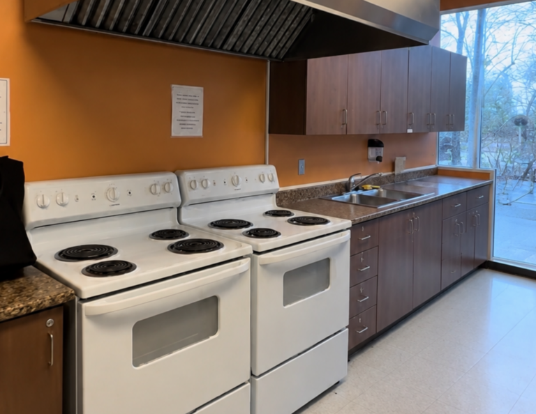 Shared residence kitchen with two stoves, a double sink and wooden cabinets