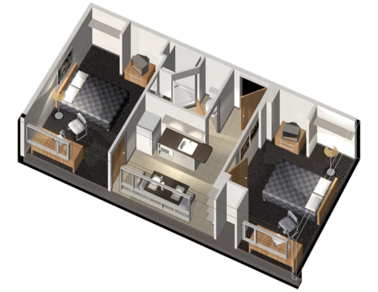 Isometric floor plan of a residence suite with two bedrooms, a shared kitchenette and a bathroom